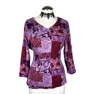 Y2K Studded Patchwork Floral Paisley Whimsigoth Purple Fairy Boho 3/4 Sleeve Top